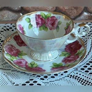 Antique Tea Cup and Saucer with Hand Painted Roses by Del Mar, Japan.